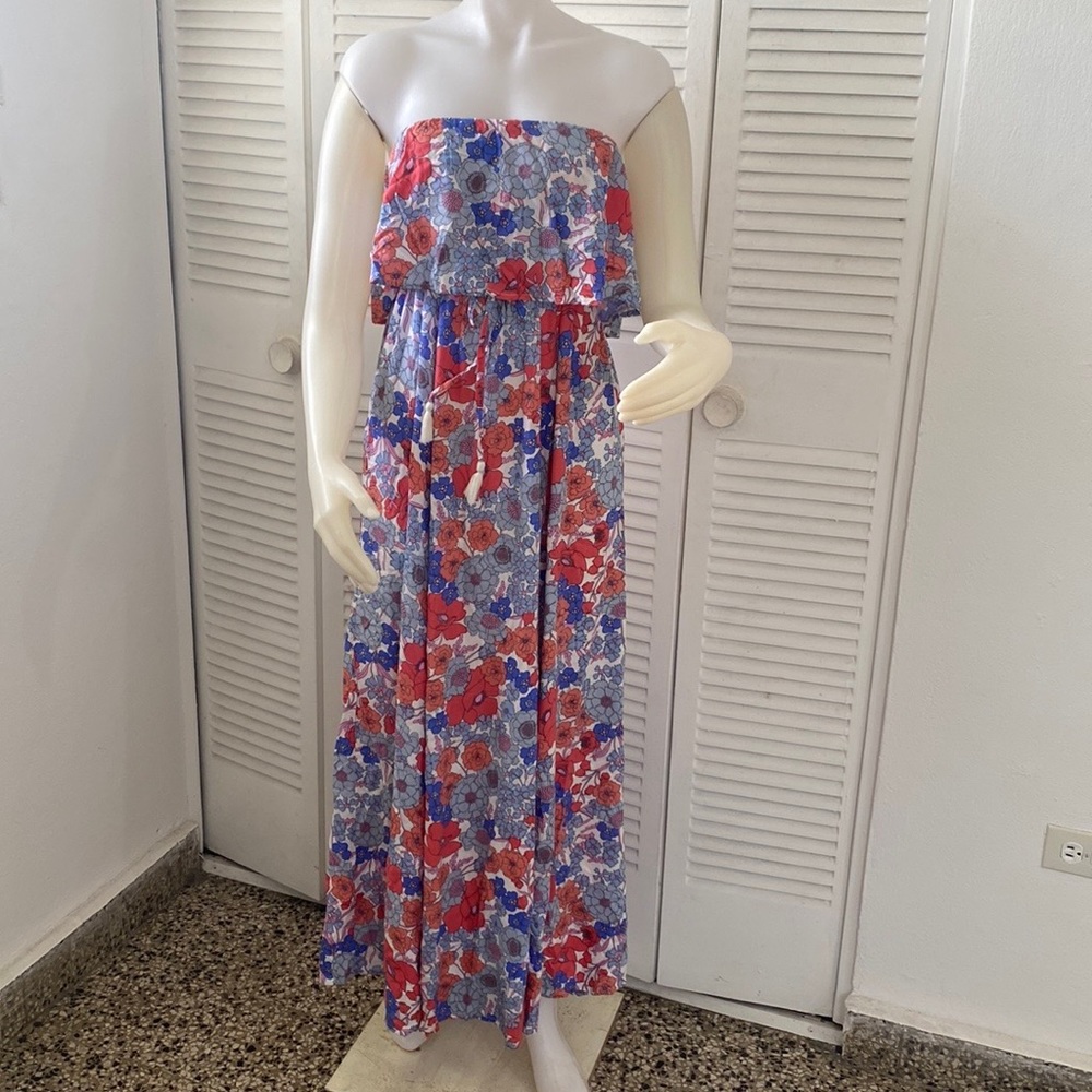 Ruffle strapless flower print maxi dress